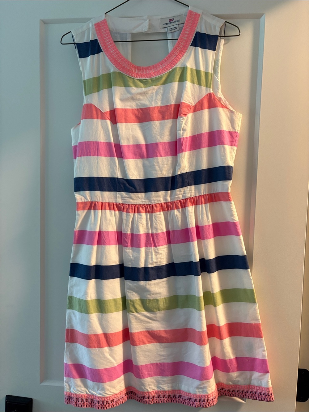 Women’s Striped Sleeveless Dress - White with Pink, Navy & Green Stripes